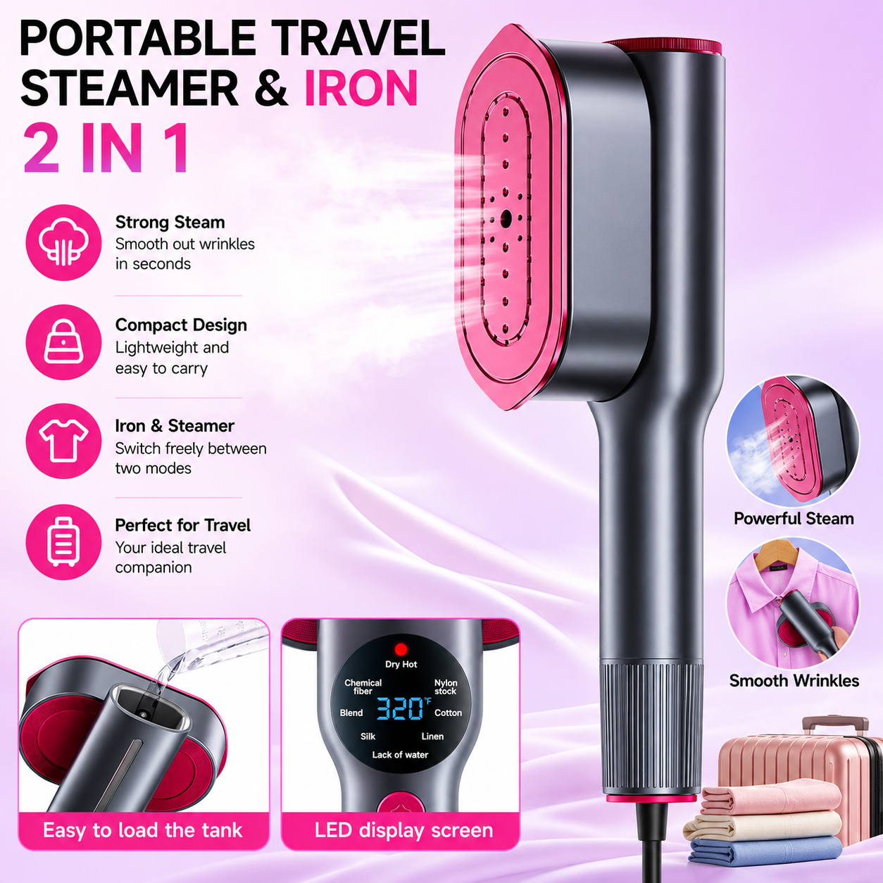 💥 LAST DAY 50% OFF - BUY 1 GET 1 FREE💥 QuickEase 2-in-1 Portable Travel Steamer & Iron – Handheld Clothes Steamer